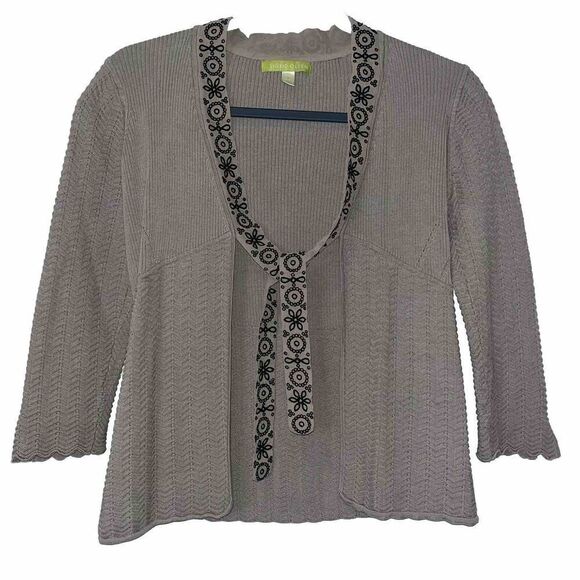 SIGRID OLSEN Cardigan Wmn Size S Silk Cotton Ribbed Embroidered Tie Front Beige - Picture 1 of 10